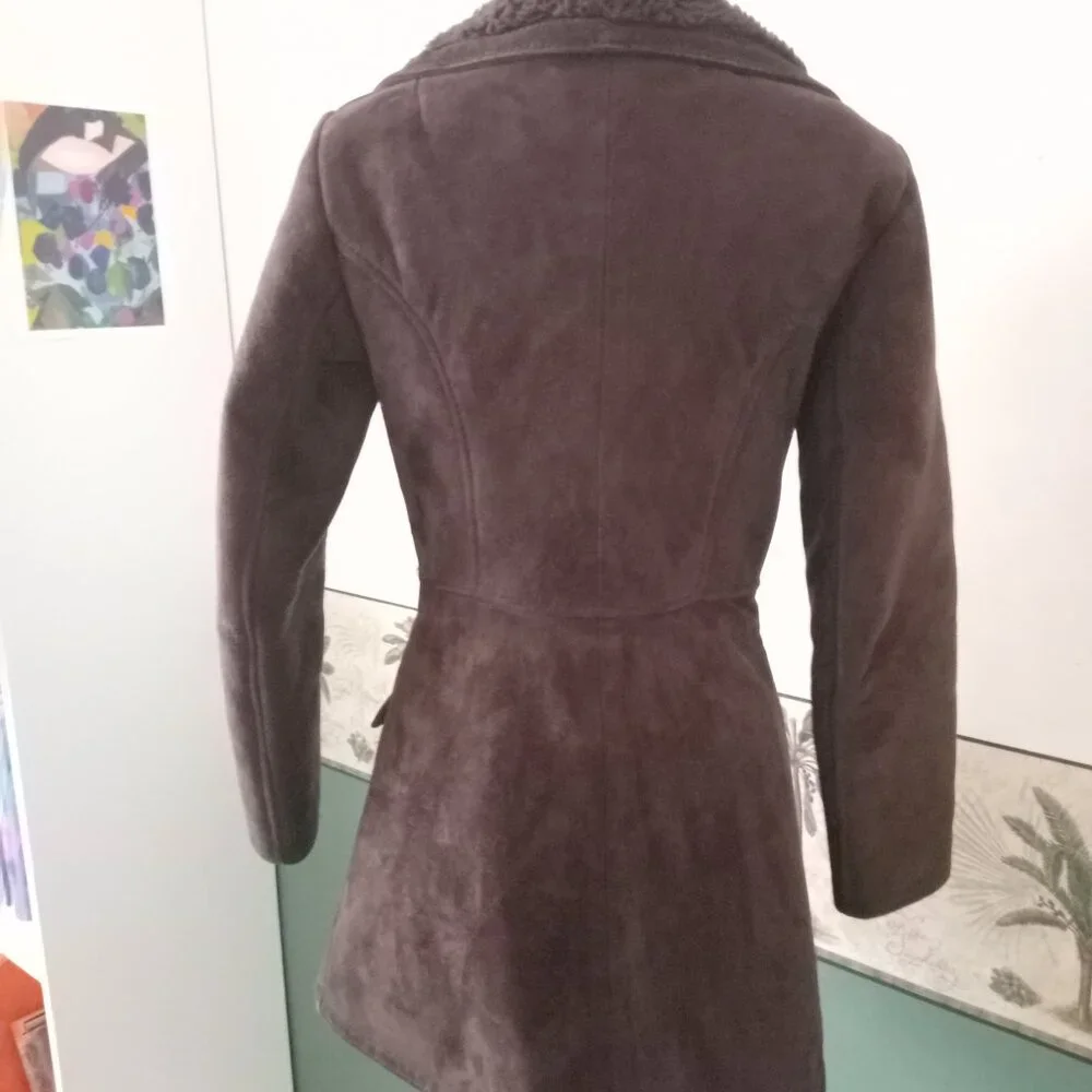 Vintage 1970s Suede Shearling Chocolate Brown Penny Lane  Belted Coat - Picture 3 of 6